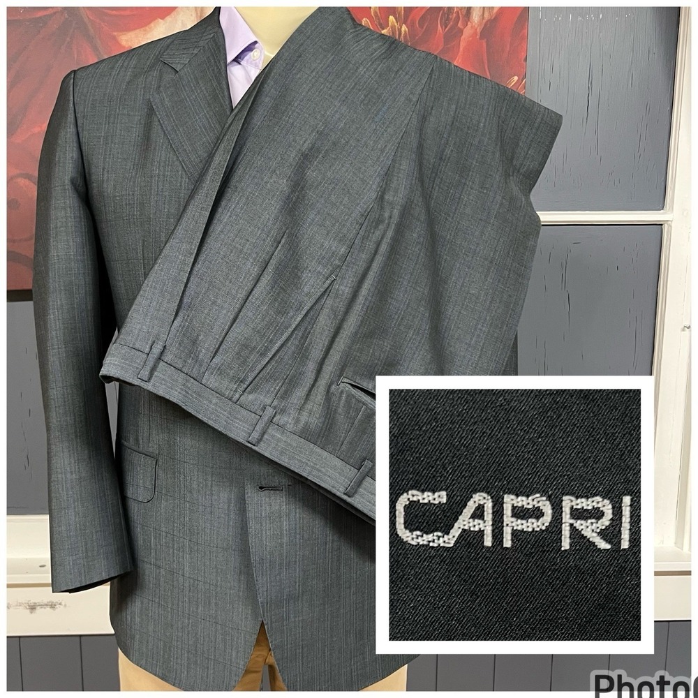 Custom Capri Suit Mens 40S Short Cuffed Pleated 32x30 Green/Blue/Gray Kid Mohair